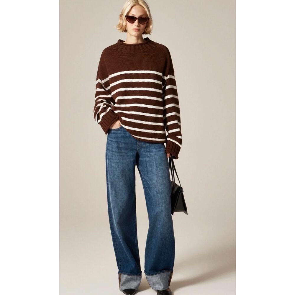 J. Crew 2025 Rollneck Sweater Brown White Stripe Striped 100% Cotton Size XS